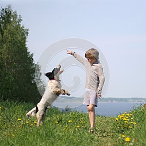 Kid plays with dog