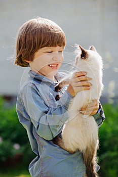 Kid plays in the summer outdoors. Ð¡hild is friends with pet in summertime. Cute toddler is playing with a kitten on grass. Boy