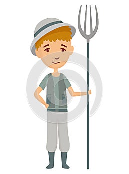 Kid profession peasant or farmer. Cartoon young person in professional uniform. Cute children occupation vector