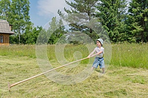 The kid rakes with a big rake and the mown grass in countryside