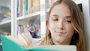 Kid Reading Books, Student Child in School Library, Teenager Blonde Girl Studying Learning in Classroom, Children Education