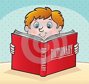 Kid Reading A Large Red Dictionary