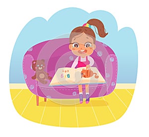 Kid reading open story book with laugh vector illustration. Cartoon little childr sitting in chair with teddy bear, cute