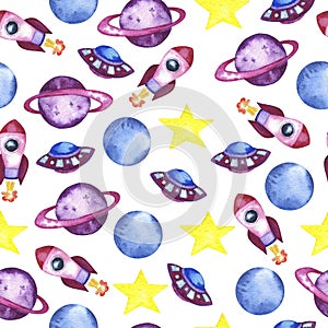 Kid rocket, planet, flying sauser and stars seamless pattern. Watercolor.