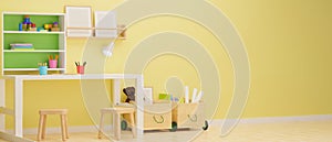 Kid room interior design with study table, stationery, shelf and playthings in the room with yellow pastel wall, 3D rendering