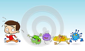 a kid is running away from a dangerous virus and contagious diseases. little boy runs away with fear because of being chased by a 