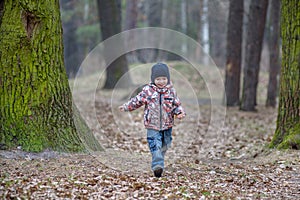 Kid running in the outumn forest. Boy happy in fallen leaves to his mother