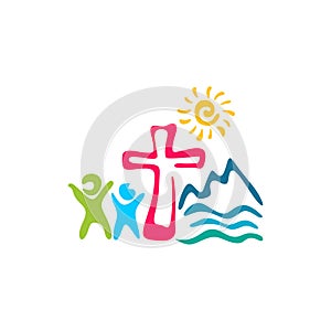 Kid`s camp logo. Christian symbols