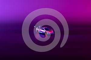 Kid\'s car toy in purple neon background. Children\'s toy. Speed car wallpaper