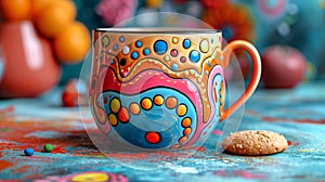 Kid's decorated bright mug with a hot beverage and cookie on a vibrant saucer. Concept of kid-friendly tableware