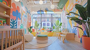 Kid's doctor office designed with natural light, fun murals, and cozy furniture