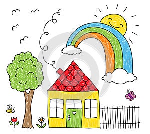 Kid's drawing of a house, rainbow and tree