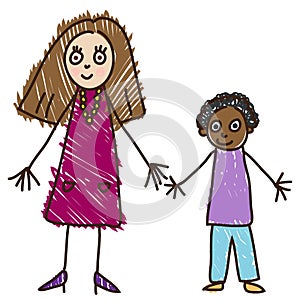 Kid`s drawing. Single mother with adopted African ethnicity son. Vector illustration