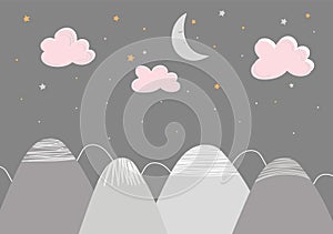 Kid\'s hand-drawn wallpaper decor in scandinavian style with mountain landscape, clouds and sleeping moon.