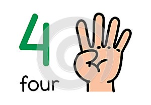 4, Kid`s hand showing the number four hand sign. photo