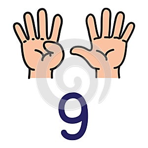 Kid`s hand showing the number nine hand sign.