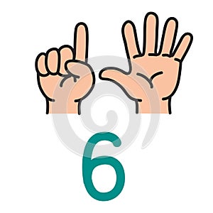 Kid`s hand showing the number six hand sign.