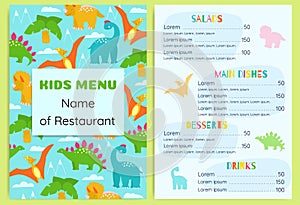 Kid`s menu with dinosaurs. Design vector template.