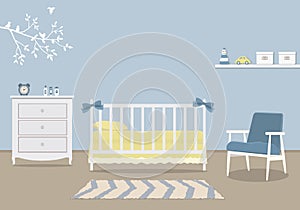Kid`s room for a newborn baby. Interior bedroom for a baby boy in a blue color