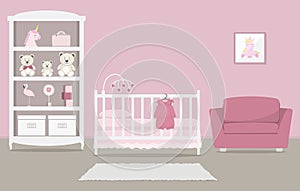 Kid`s room for a newborn baby. Interior bedroom for a baby girl in a pink color