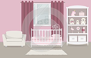 Kid`s room for a newborn baby. Interior bedroom for a baby girl in a pink color.