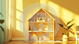 Kid's storage system in form of house. Creative interior toys and books storage concept. Light colours. Generative