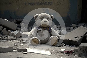 Kid's teddy bear lost among ruins of the house. Generative AI