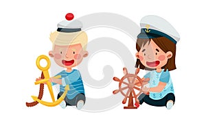 Kid sailors set. Little boys and girl in sailor costumes steering wheel and anchor cartoon vector illustration