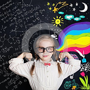 Kid of school age on arts and science background