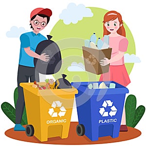Kid school boy and girl teenager put trash garbage into recycle bin trash can
