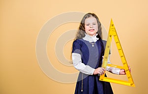 Kid school uniform hold ruler. I love mathematics. Education and school concept. Smart and clever concept. Sizing and