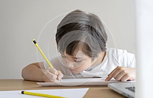 Kid self isolation using computor for his homework,Child using laptop searching information on internet while school off during