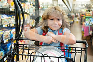 Kid with shopping basket purchasing food in a grocery store. Customers family buying products at supermarket.