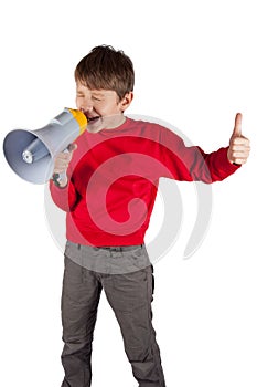 Kid shouting in loudspeaker. Isolated