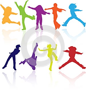 Kid silhouettes children playing play active child silhouette school colored set dance jumping dancing party sports vector happy