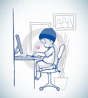 Kid sit in front of computer