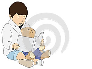 Kid sitting on the floor and reading a book for the teddy bear over white background