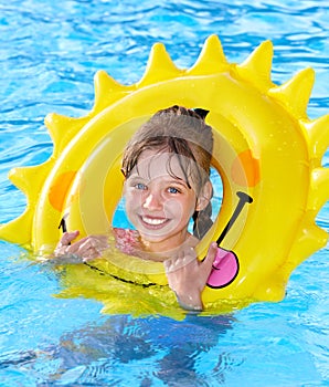 Kid sitting on inflatable ring.