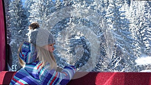 Kid in Ski Lift, Child Playing in Winter, Skiing Girl in Cable Car, Snow Mountains Landscape, Teenager Tourists People Traveling i