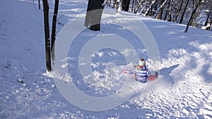 Kid Sledding in Snow, Child Playing in Winter, Little Girl Sledging in Park