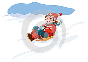 Kid with sledge, snow - happy winter vacation