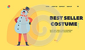 Kid in Snowman Costume Landing Page Template.Cheerful Child in Funny Christmas Suit, Top Hat and Scarf on Matinee