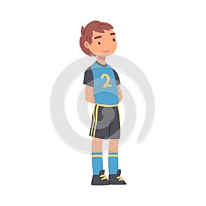 Kid Soccer Player Character, Boy in Black and Blue Sports Uniform Playing Soccer in School Sports Team Cartoon Style