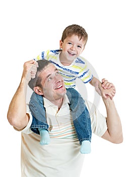 Kid son riding dad's shoulders isolated on white