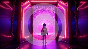 A kid standing in front of the glowing purple entrance to go to another place. Generative AI