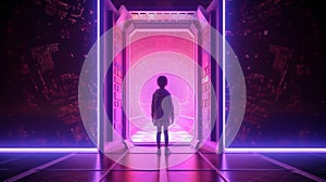 A kid standing in front of the glowing purple entrance to go to another place. Generative AI