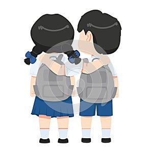 Kid student best friends Hugging Back view