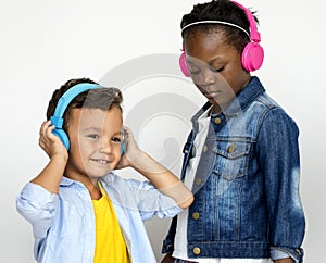 Kid Studio Shoot Using Headphone Listening Music