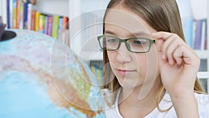 Kid Studying Earth Globe, Child in School Class, Girl Learning, Student Library