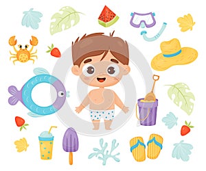 Kid summer time. Happy boy beachgoer with beach accessories, rubber circle, ice cream, cocktail, watermelon, sand bucket